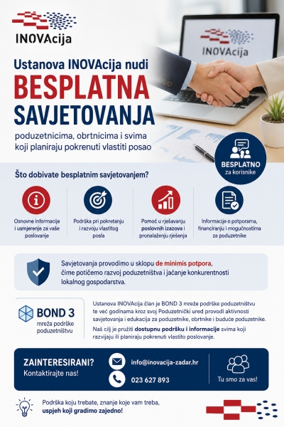 Ustanova INOVAcija nudi besplatna savjetovanja poduzetnicima, obrtnicima i svima koji planiraju pokrenuti vlastiti posao